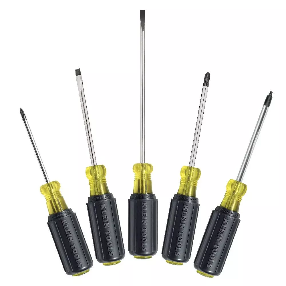 Klein Tools 85445 Screwdriver Set, Slotted, Phillips and Square Tip Drivers, Non-Slip Cushion Grip, 5-Piece s
