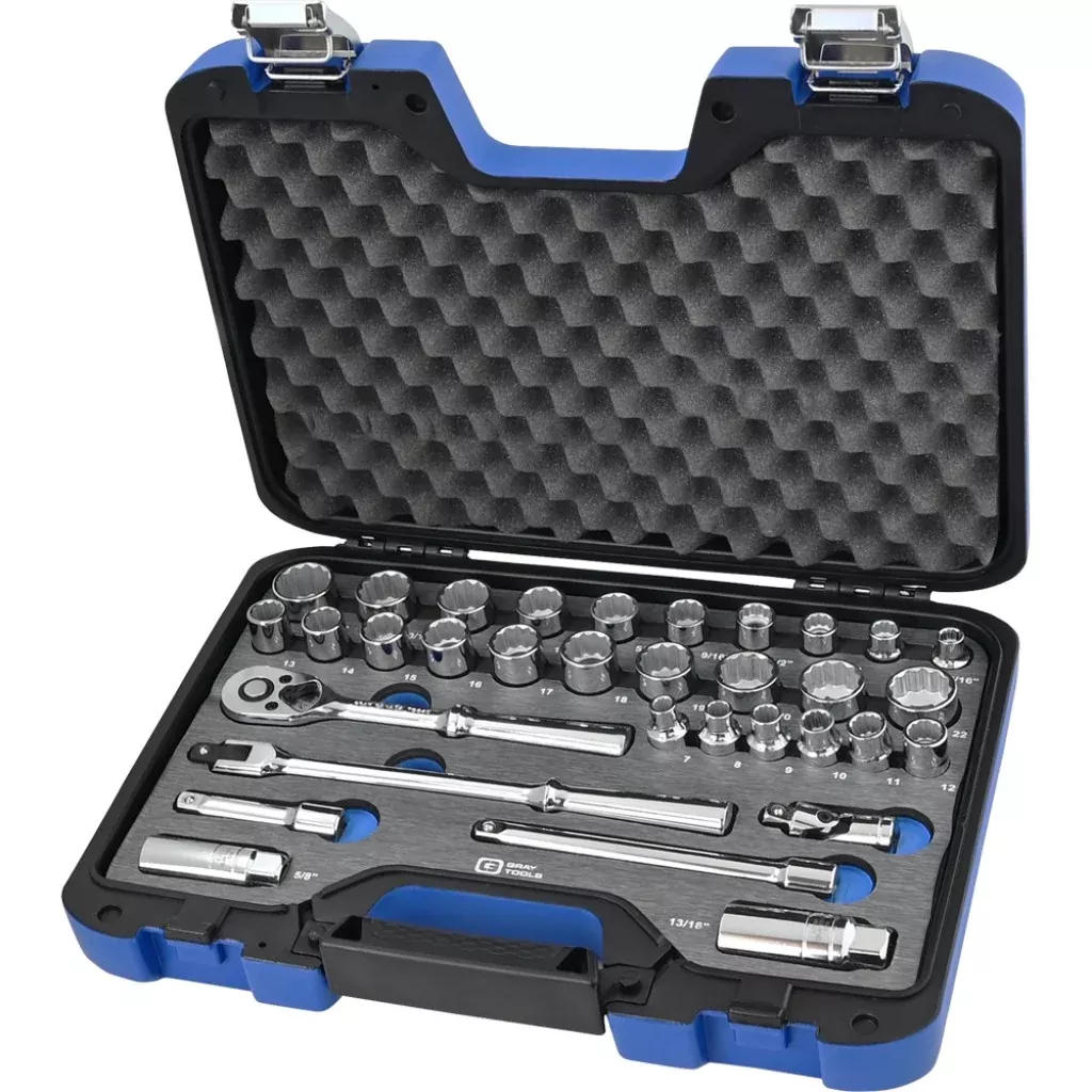 Socket Set - Gray Tools 3/8" Dr. 33 Piece 12 Point SAE & Metric Socket & Attachment Set, 25033DH